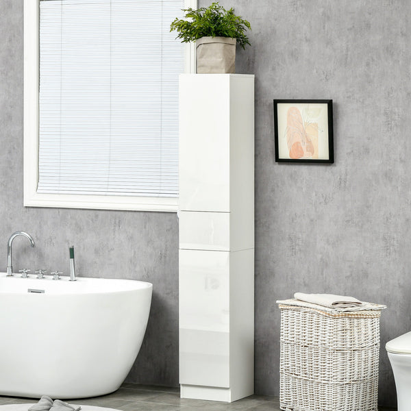 Adjustable Shelf Tall Bathroom Cabinet - High Gloss Freestanding Storage Cupboard with Drawer - Space-Saving Organizer for Toiletries and Linens