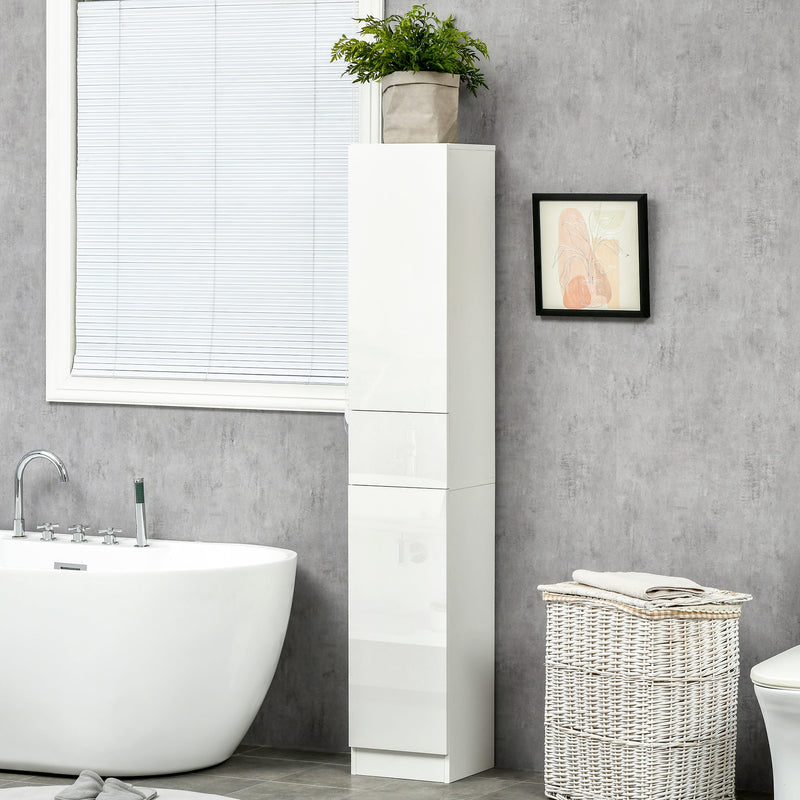 Adjustable Shelf Tall Bathroom Cabinet - High Gloss Freestanding Storage Cupboard with Drawer - Space-Saving Organizer for Toiletries and Linens