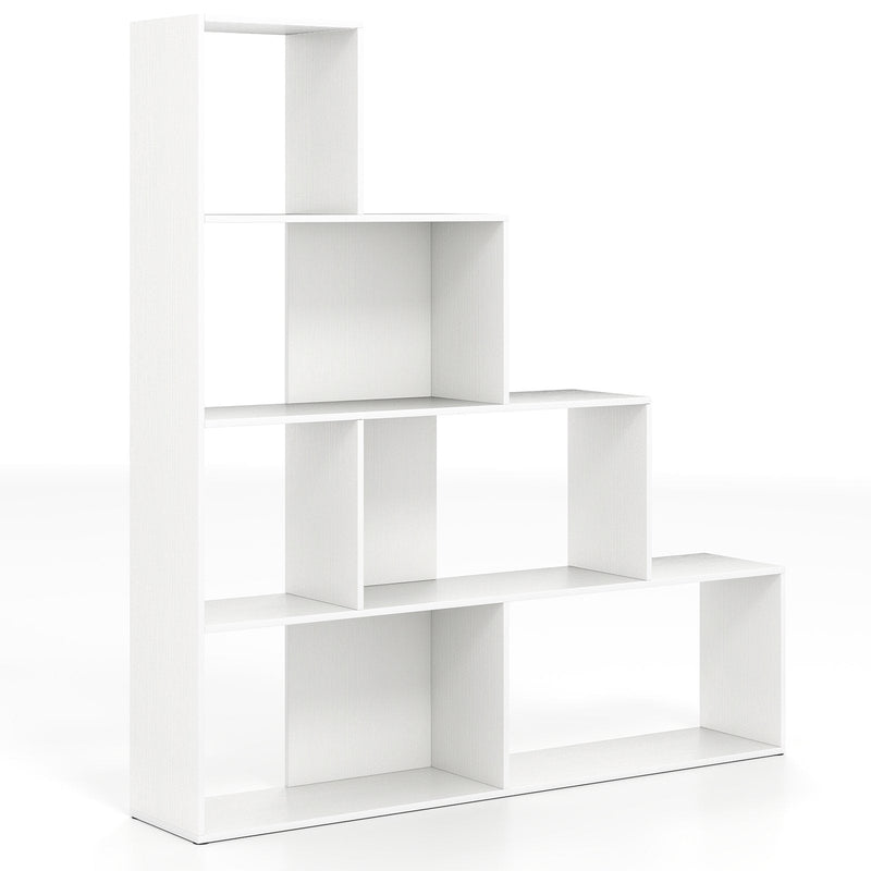 4-Tier Stepped Bookshelf Modern Ladder Bookcase with 6 Storage Cubes-Natural