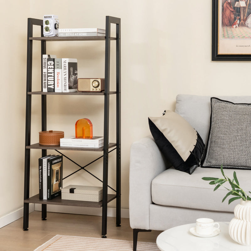 Rustic Brown 4-Tier Bookshelf - Metal Frame Design, Compact Storage Solution - Ideal for Home Libraries and Living Rooms