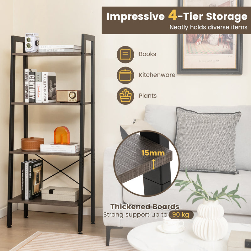 Rustic Brown 4-Tier Bookshelf - Metal Frame Design, Compact Storage Solution - Ideal for Home Libraries and Living Rooms