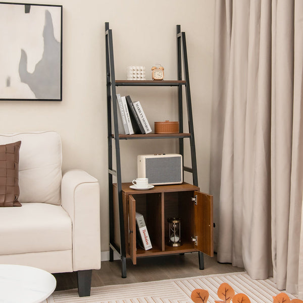 4-Tier Ladder Shelf with Cabinet Industrial Bookcase with Metal Frame-Rustic Brown