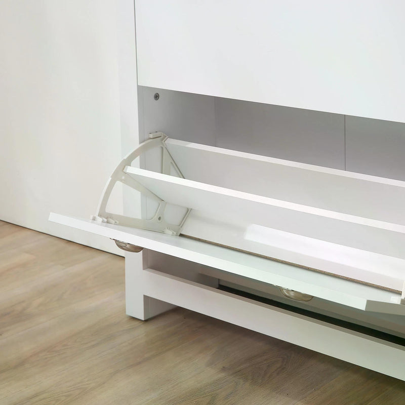 Modern White 2-Drawer Shoe Cabinet - Narrow Hallway Organizer with Flip Doors & Adjustable Shelves - Stores Up to 12 Pairs of Footwear
