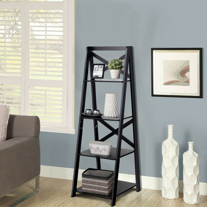4 Tier Wood Ladder Shelf Unit - White Staircase Design Bookcase - Space Saving Display Storage Solution for Small Rooms