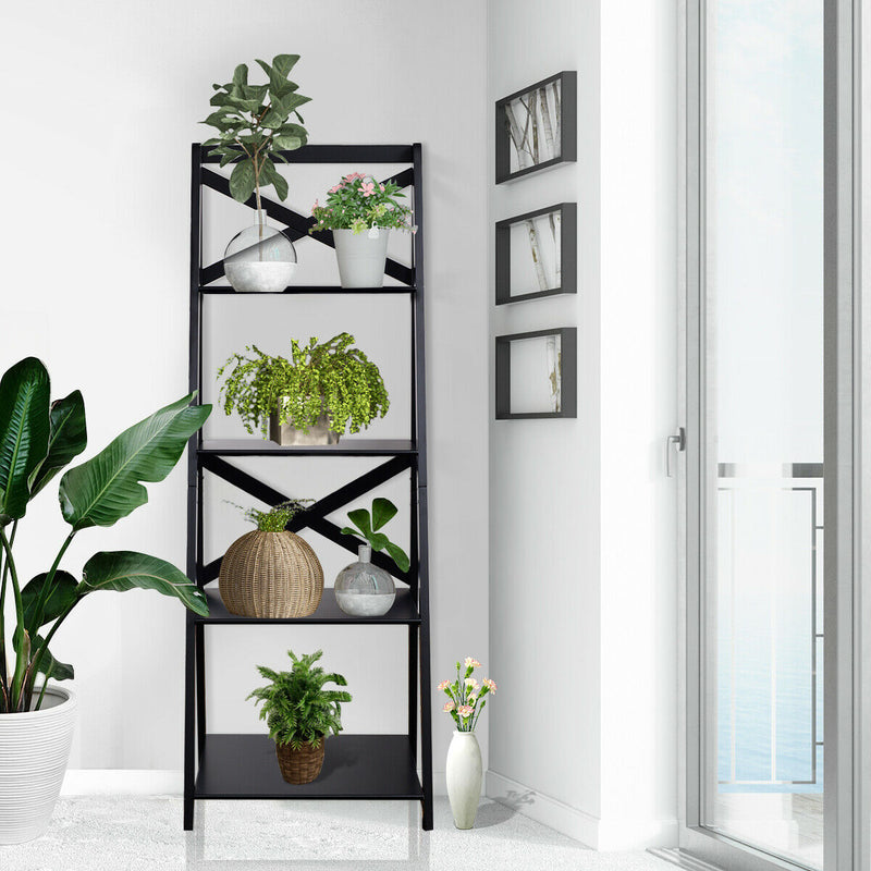 4 Tier Wood Ladder Shelf Unit - White Staircase Design Bookcase - Space Saving Display Storage Solution for Small Rooms