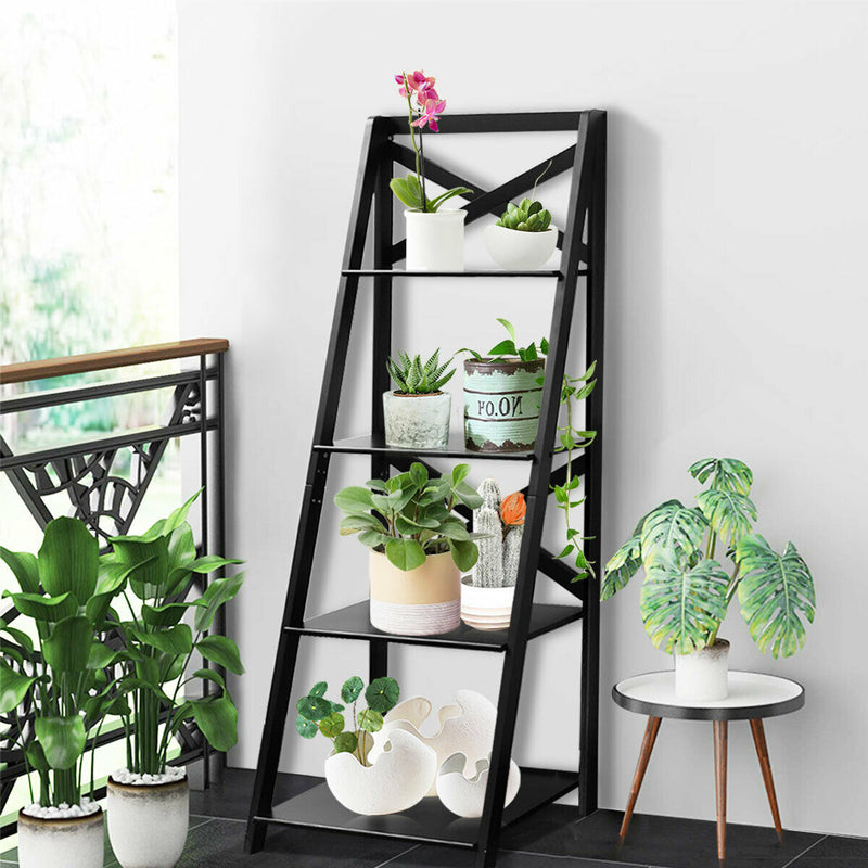 4 Tier Wood Ladder Shelf Unit - White Staircase Design Bookcase - Space Saving Display Storage Solution for Small Rooms