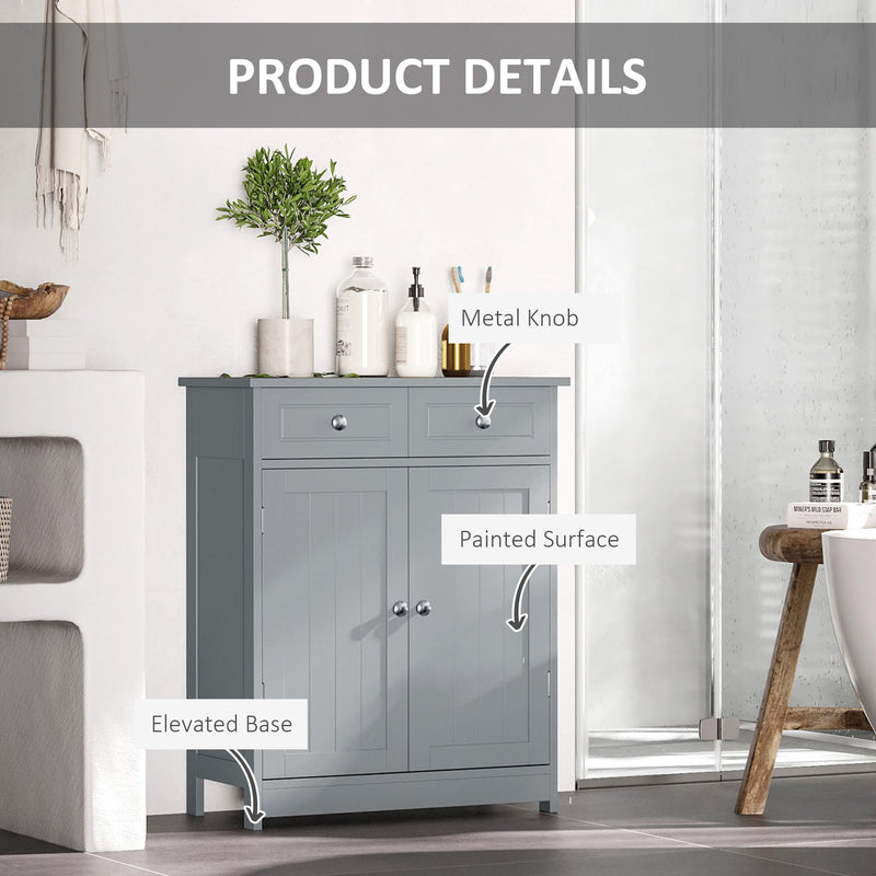 Free-Standing Bathroom Storage Cabinet with Adjustable Shelf - 2 Drawer Traditional Style Unit with Cupboard & Handles, 75x60cm, Grey - Ideal for Organizing Toiletries and Linens