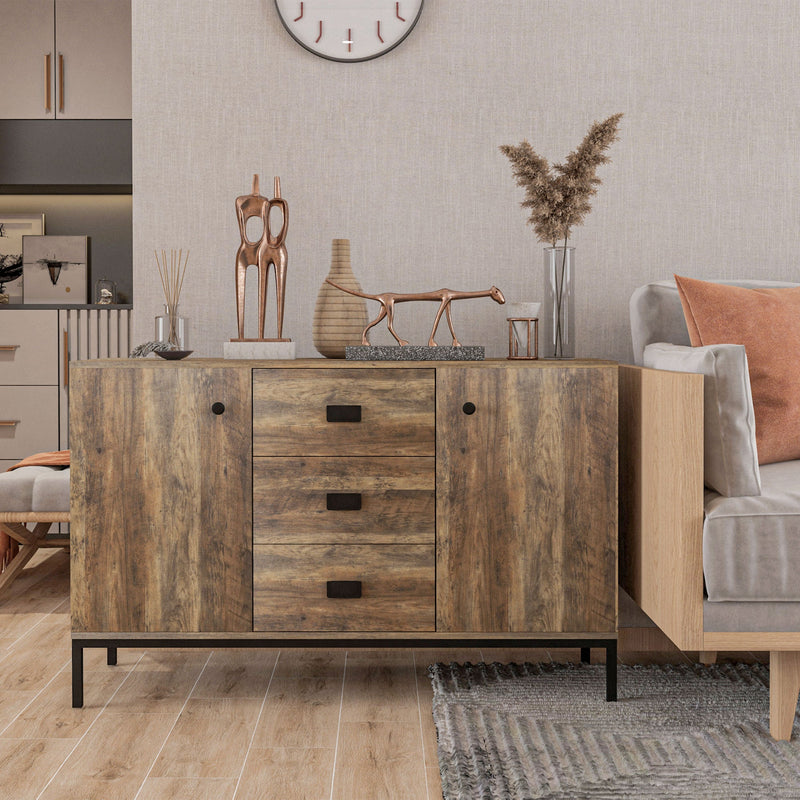 Industrial Sideboard Storage Cabinet - Versatile Accent Cupboard with Drawers & Adjustable Shelves - Ideal for Kitchen, Dining & Living Space Organization, Distressed Brown Finish