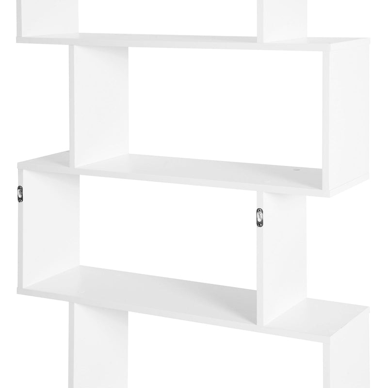 Elegant White S-Shaped Wooden Bookcase - 6-Shelf Storage and Display Unit with Room Divider Function - Versatile Organizational Solution for Home or Office
