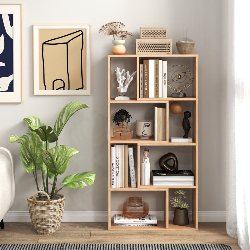 5-Tier Geometric Bookshelf with 8 Cubes Floor Standing Open Display-Brown