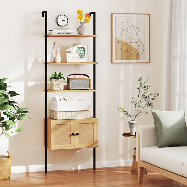 5-Tier Wall-Mounted Ladder Bookcase with Rattan Cabinet and Metal Frame-Natural