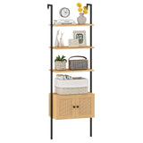 5-Tier Wall-Mounted Ladder Bookcase with Rattan Cabinet and Metal Frame-Natural