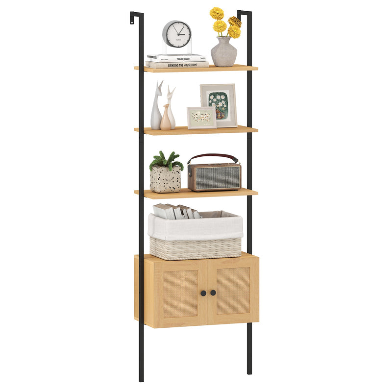 5-Tier Wall-Mounted Ladder Bookcase with Rattan Cabinet and Metal Frame-Natural