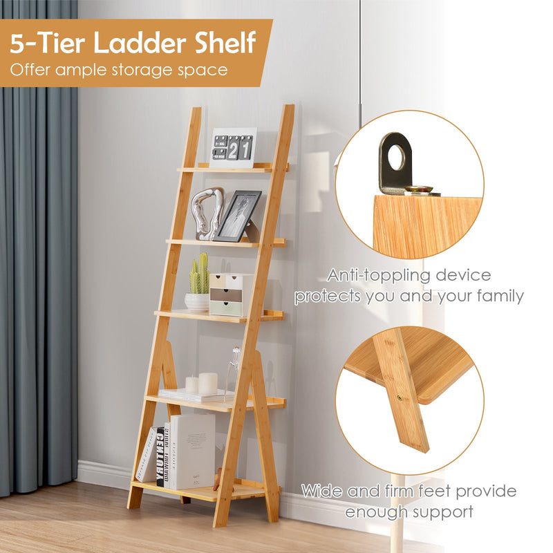 5-Tier Ladder Shelf - Home Office Storage with Safe Round Corners, Natural Finish - Ideal for Organized Workspaces