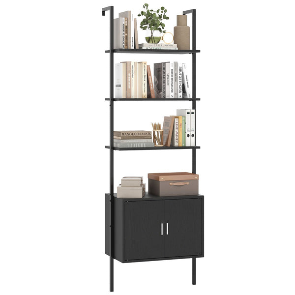5-Tier Wall Mount Ladder Bookcase with Cabinet and Anti-Tipping Kits-Black