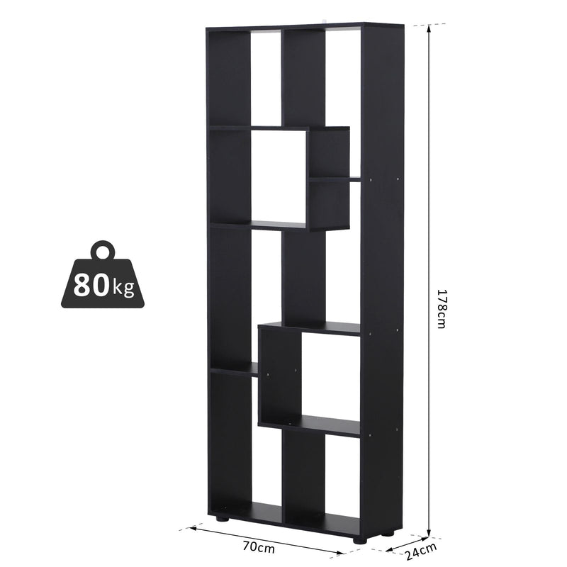 Freestanding 8-Tier Bookcase with Melamine Surface - Modern Black Home Display Storage Unit with Anti-Tipping Foot Pads - Ideal for Organized Book Lovers and Display Enthusiasts