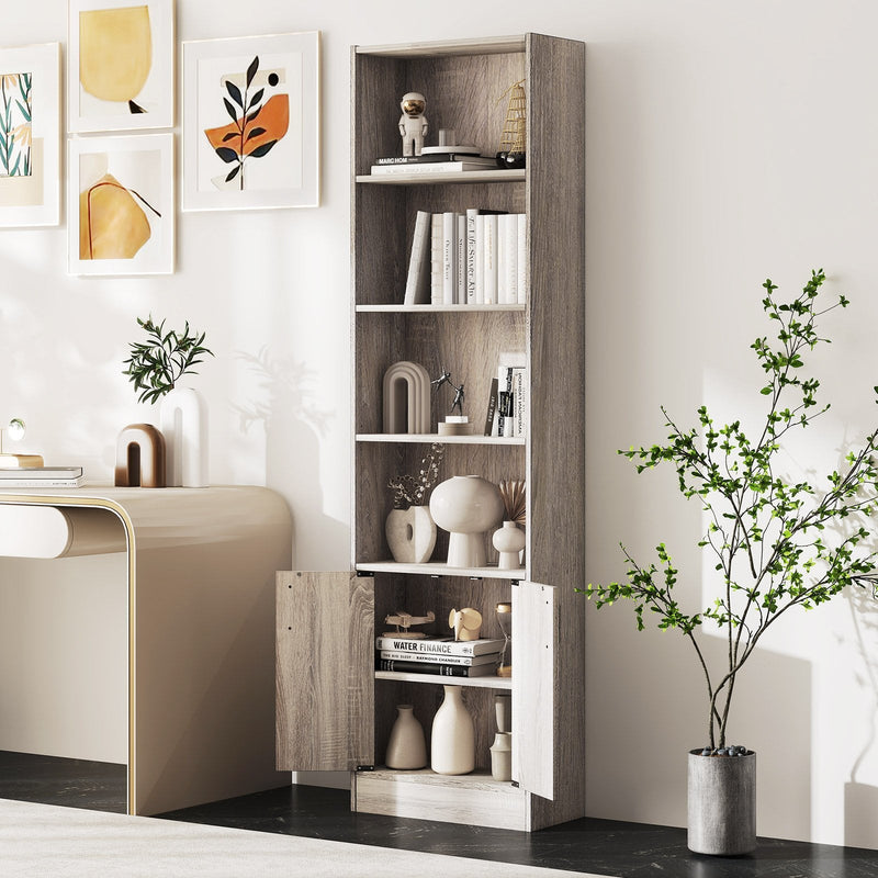 6-Tier 180cm Tall Bookshelf with Double Doors Open Cubes-Oak