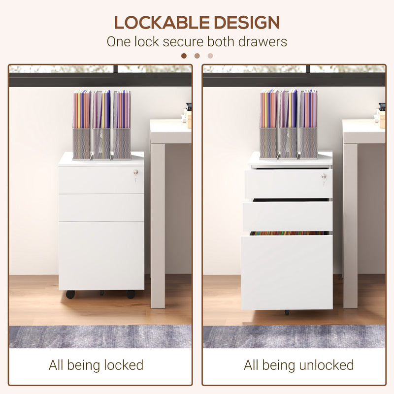Steel Mobile 3-Drawer File Cabinet with Lock and Pencil Tray - Adjustable Hanging Bar for A4 and Letter Size, Versatile Office Storage Solution - Secure Document Organizer for Professionals and Home Offices