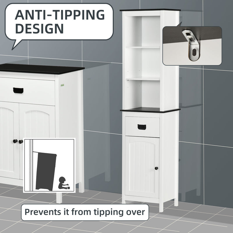 Freestanding Slim White Bathroom Cabinet - Tall Storage Cupboard with Adjustable Shelves and Drawer - Space-Saving Organizer for Bathroom or Living Room