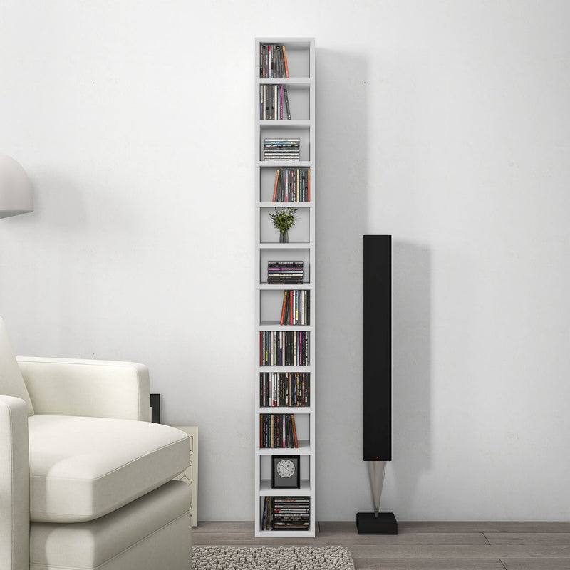 HOMCOM 204 CD Storage Unit, DVD Storage Tower with 12 Cubes, 175cm Tall Bookcase for Living Room, Home Office, Study Room, White