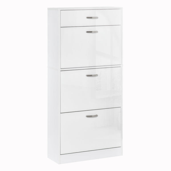 High Gloss Shoe Cabinet with 4 Pull-Down Drawers - Adjustable Storage Cupboard for 18 Pairs, Flip Doors Design - Ideal Organizer for Entryway or Closet