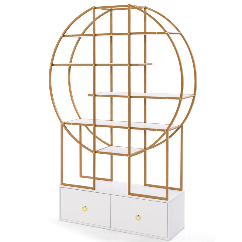 6-Tier Gold Bookshelf with 2 Storage Drawers Staggered Shelves-Golden