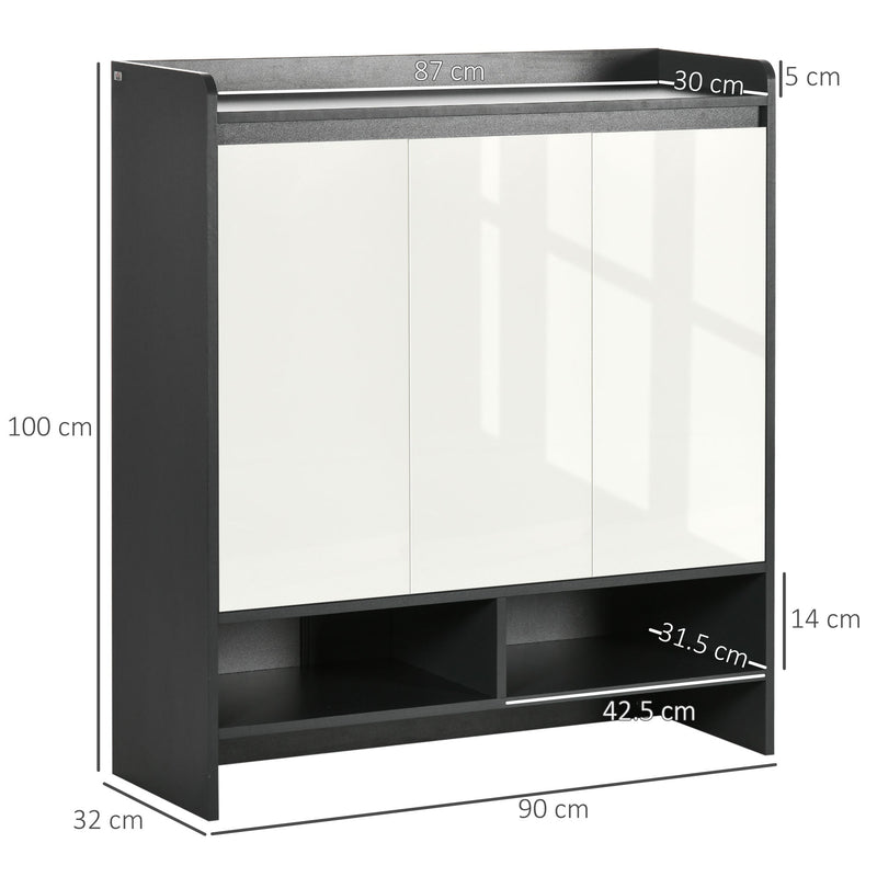 High Gloss Shoe Storage Unit with White Doors - Spacious Hallway Cupboard with Open Shelves for Up to 24 Pairs - Sleek Grey Organizer for Footwear