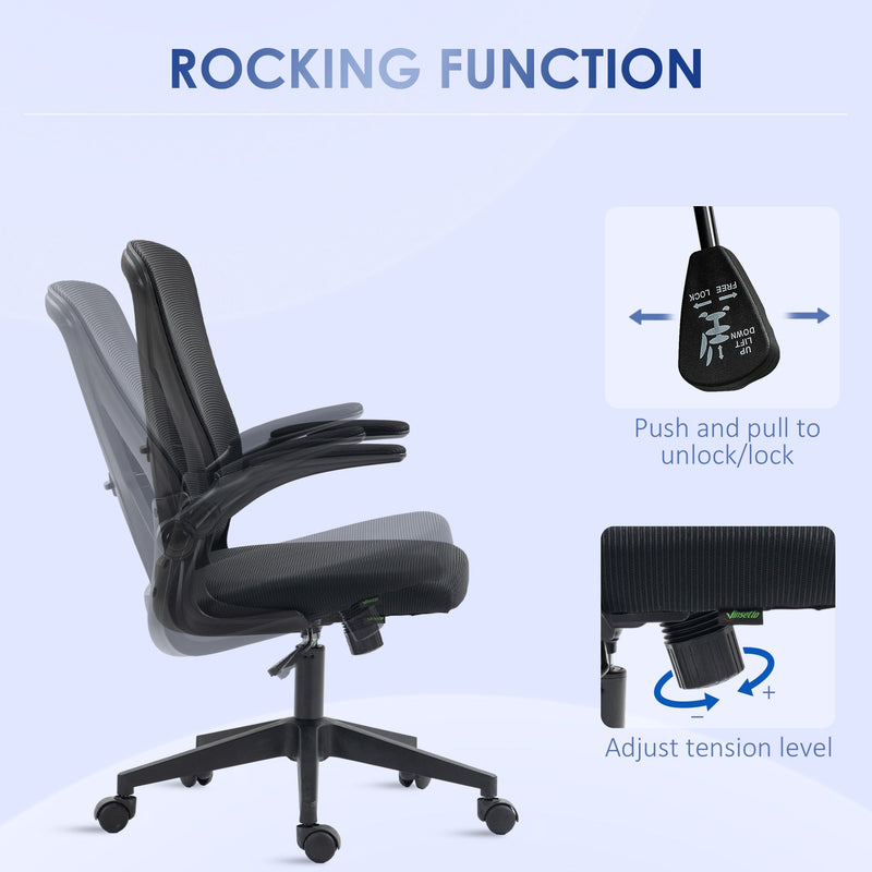 Ergonomic Mesh Office Chair with Flip-up Armrests - Computer Desk Chair with Lumbar Support & 360° Swivel Wheels, Black - Ideal for Comfortable Working Environments