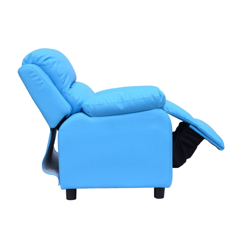 Kids Recliner with Armrest Storage - Blue PU Leather Look Lounger for Children - Comfy Gaming Chair Sofa Seat for Playroom and Relaxation