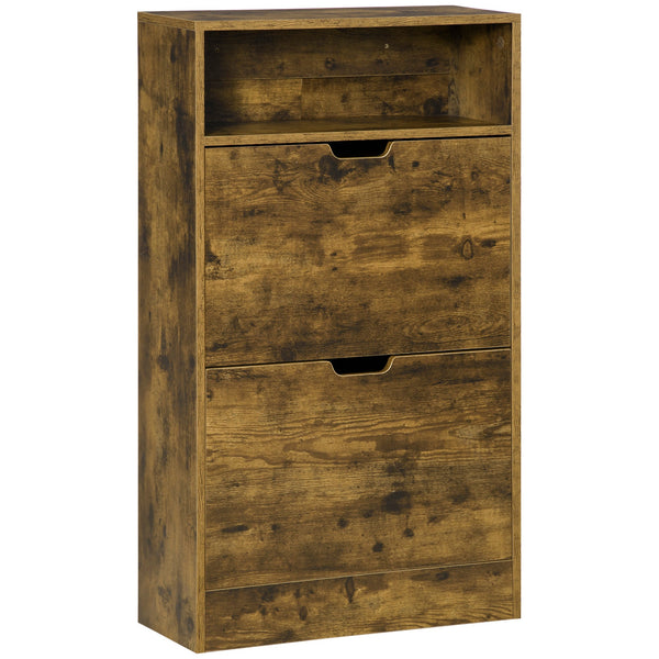 Slim 2-Drawer Shoe Cabinet with Adjustable Shelves - Rustic Brown Entryway Cupboard with Open Space and Flip Doors - Space-Saving Organizer for Shoes and Accessories