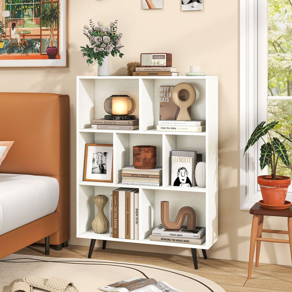 7-Cube Bookcase Mid Century Modern Storage Organizer with 4 Tapered Metal Legs-
