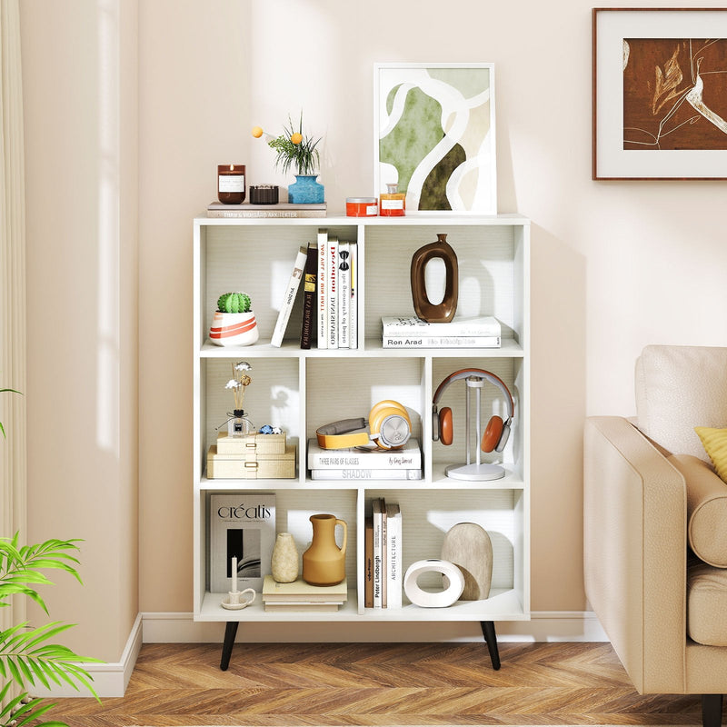 7-Cube Bookcase Mid Century Modern Storage Organizer with 4 Tapered Metal Legs-