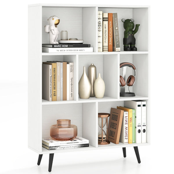 7-Cube Bookcase Mid Century Modern Storage Organizer with 4 Tapered Metal Legs-