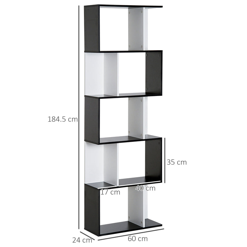 5-Tier S-Shaped Bookcase - Modern Storage & Display Shelving Unit, Divider in Black - Ideal for Organizing Books, Decor in Living Room or Office