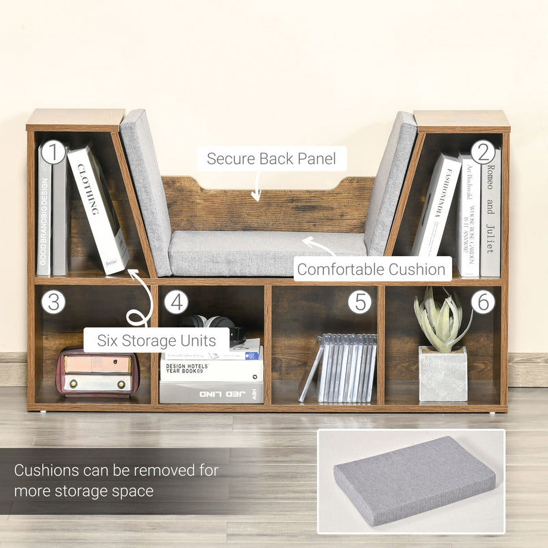 Storage Seat Bookcase - Cushioned Shelf Sideboard for Kids' Reading Nook - Rustic Brown Organizer for Bedroom and Living Room