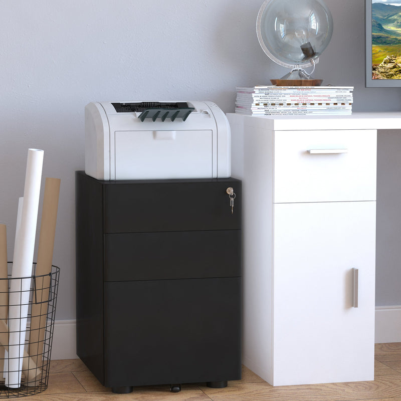 Lockable Steel 3-Drawer File Cabinet - Holds Letter/Legal/A4 Documents, Mobile Office Storage on Wheels - Black Metal Filing Solution for Home and Office Organization