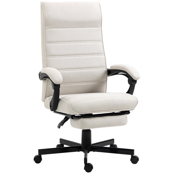 High-Back Linen Executive Chair - Swivel & Reclining Office Furniture with Adjustable Height and Footrest - Comfortable Padded Armrests for Home or Work Spaces in Cream White