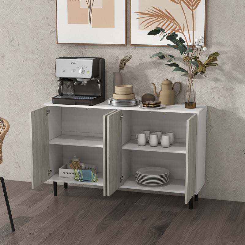 Adjustable Shelved Kitchen Sideboard - 4-Door Living Room Storage Cabinet with Pine Legs - Elegant White Organizer for Home Spaces