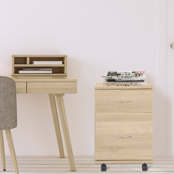 Oak Rolling File Cabinet Cupboard - 2-Drawer Table Storage Unit with Wheels - Mobile Bedside Organizer for Home Office Use