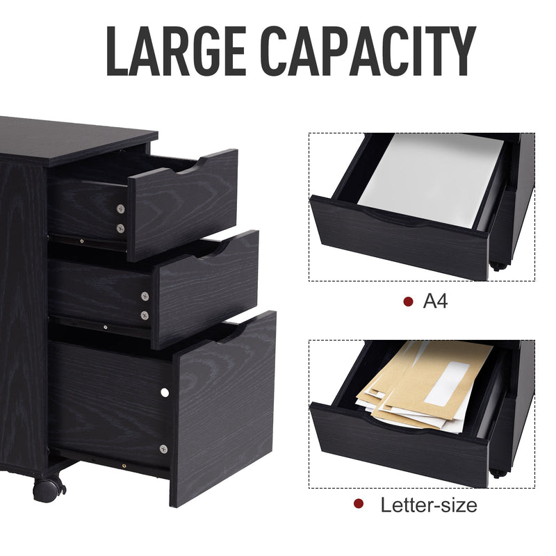 3-Drawer File Cabinet - Under Desk Storage for A4, Letter Documents, and Binders with Slide Wheels in Black Oak - Ideal for Office Organization