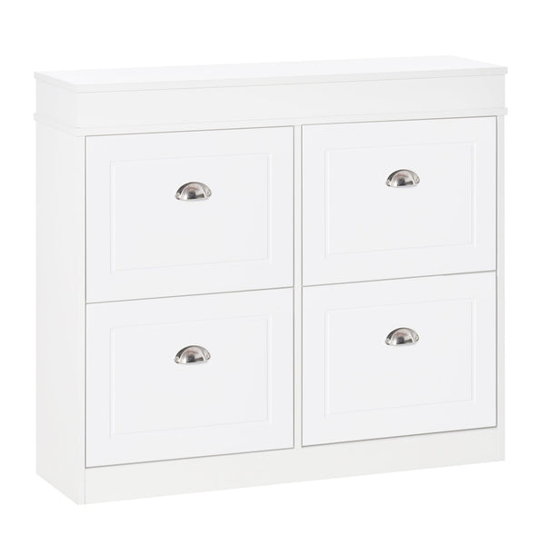 Wood Tipping Bucket Shoe Cabinet with 4 Flip Drawers - Adjustable Shelf Narrow Storage Cupboard for Hallway - Space-Saving Organizer for Entryway, Foyer in White