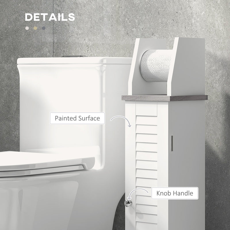 Slim Bathroom Organizer - Space-Saving Floor Cabinet with Cupboard & Roll Holder, Adjustable Shelving - Ideal for Toilet Paper, Shampoo Storage in White