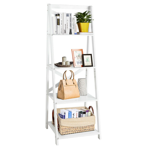 4 Tier Wood Ladder Shelf Unit - White Staircase Design Bookcase - Space Saving Display Storage Solution for Small Rooms