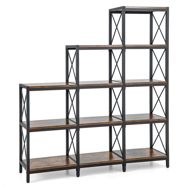 9 Cubes Bookcase with Carbon Steel Frame - 5-Tier Rustic Brown Bookshelf - Ideal for Book Lovers and Home Office Organizers