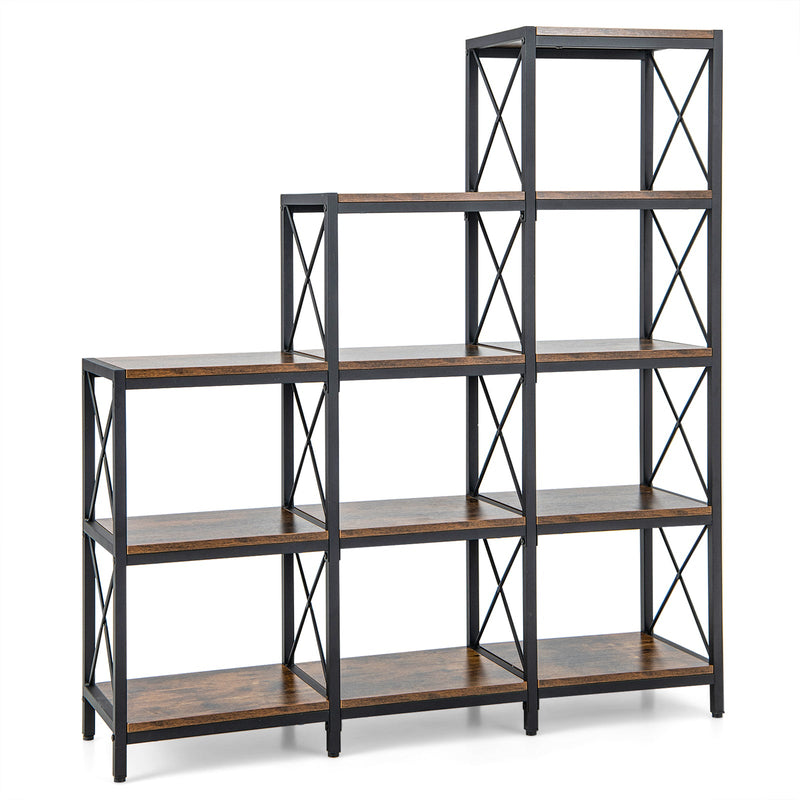 9 Cubes Bookcase with Carbon Steel Frame - 5-Tier Rustic Brown Bookshelf - Ideal for Book Lovers and Home Office Organizers