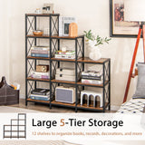 9 Cubes Bookcase with Carbon Steel Frame - 5-Tier Rustic Brown Bookshelf - Ideal for Book Lovers and Home Office Organizers