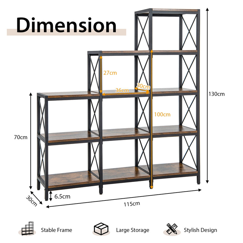 9 Cubes Bookcase with Carbon Steel Frame - 5-Tier Rustic Brown Bookshelf - Ideal for Book Lovers and Home Office Organizers