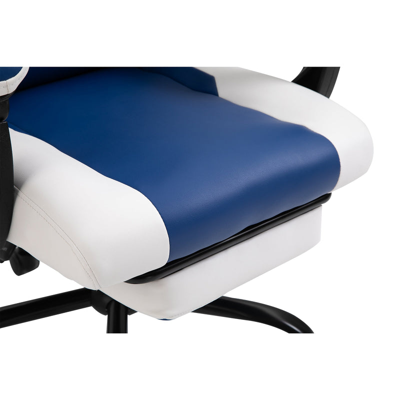 Ergonomic PU Leather Racing Chair - High-Back Gaming Chair with Headrest, Footrest & Adjustable Height - Comfortable Recliner for Gamers, Blue & White Design
