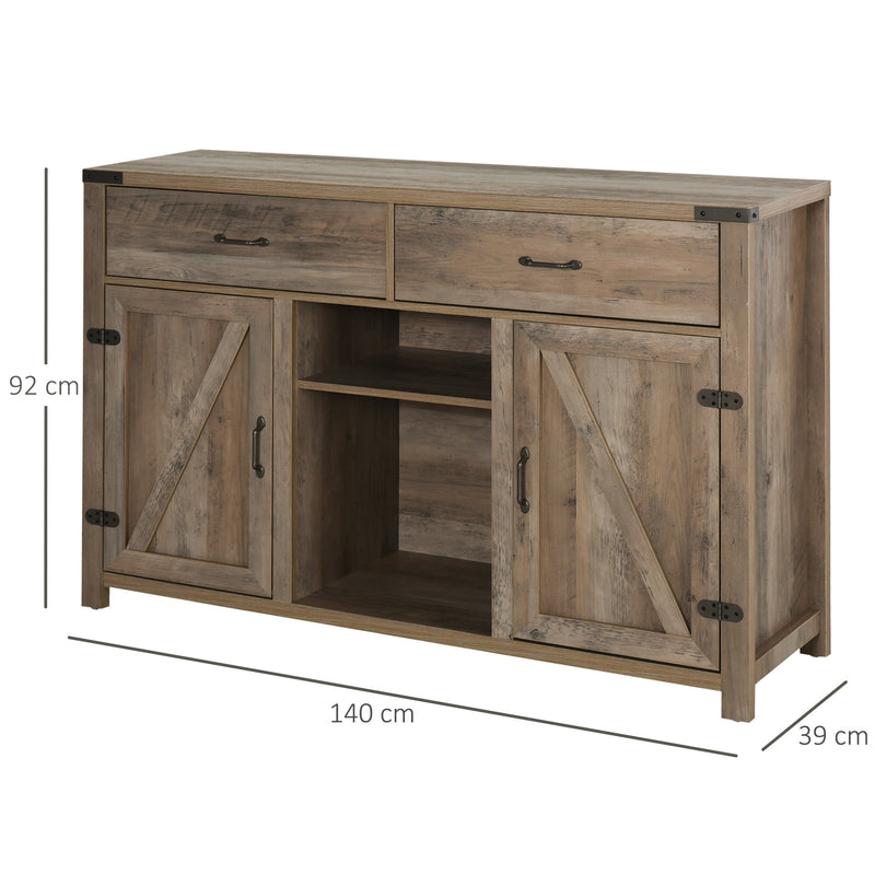Rustic Freestanding Side Cabinet with Multiple Storage Options - 2 Drawers & Cupboard Spaces in Bronze-Tone, 140L x 39W x 58H cm - Ideal for Home Dining Room Organization