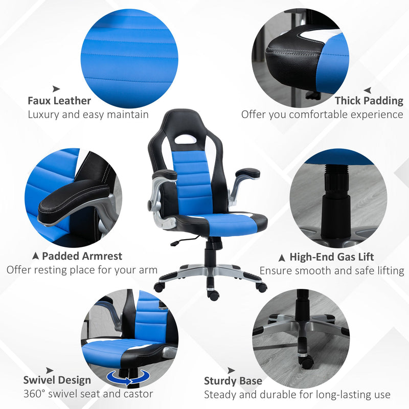 Ergonomic Racing Style Gaming Chair - PU Leather, Height Adjustable, Swivel, Tilt, Flip-Up Armrests in Blue - Comfortable Desk Chair for Gamers and Professionals